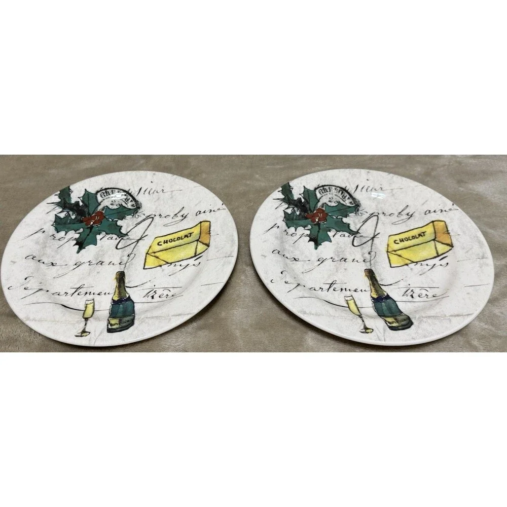 Set Of 2 Williams Sonoma Christmas Plates Chocolate Holly Wine 8 3/4”